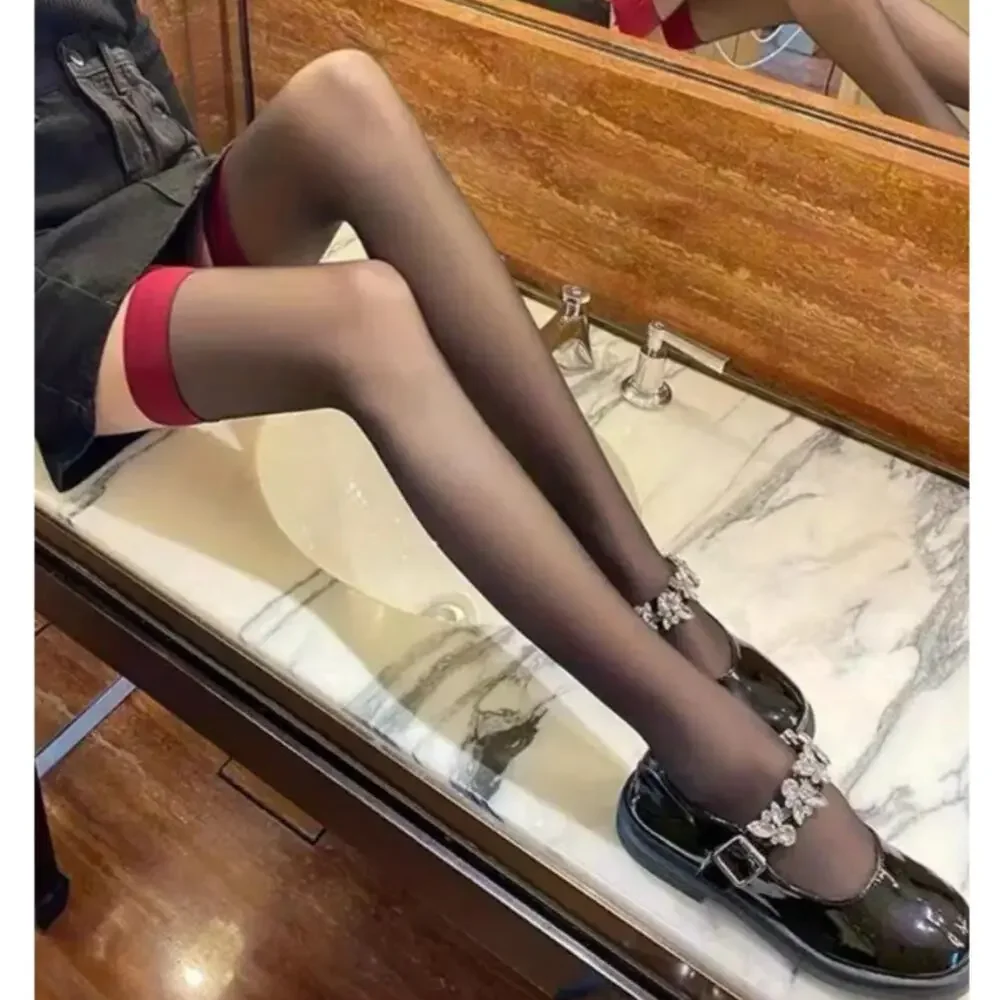 Thigh-high Stockings Over Knee Socks Black Red Top Band OSFM E Girl Harajuku New